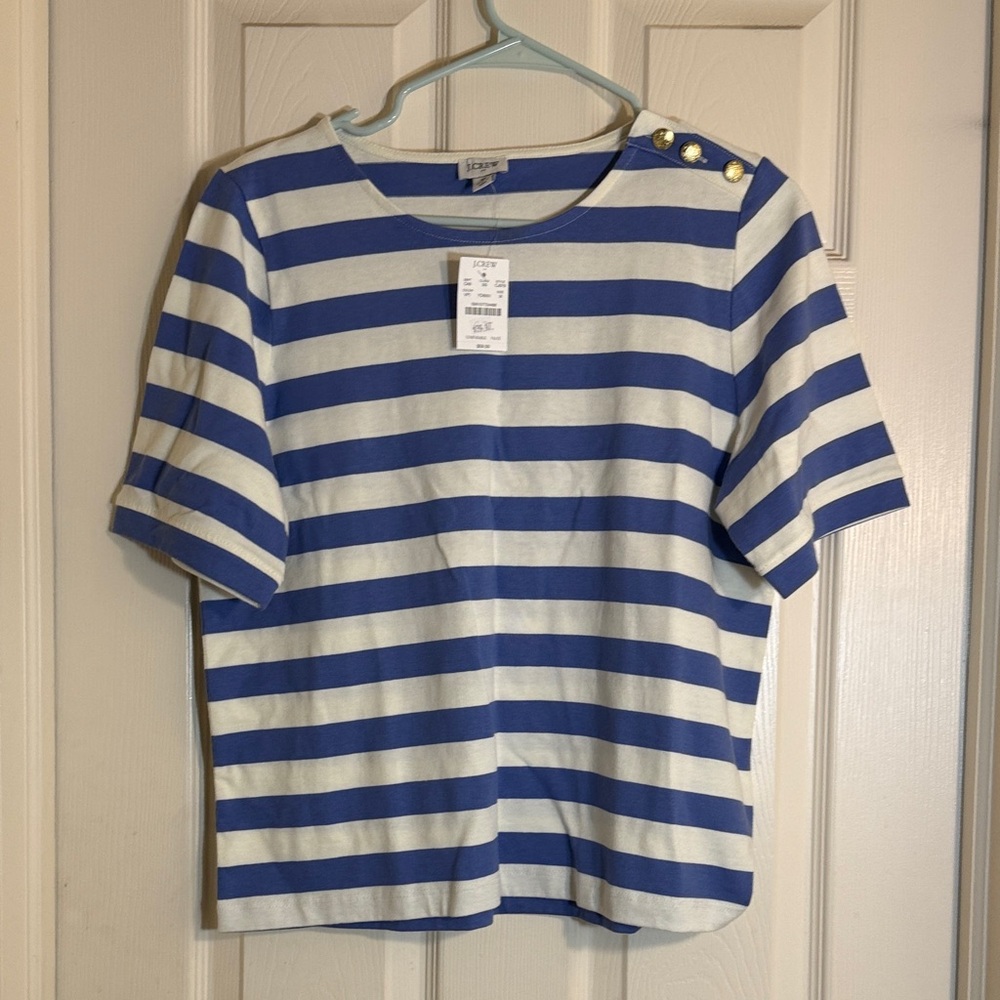 Striped Blue & White Short Sleeve Top with Gold Buttons. J Crew Factory. NWT M